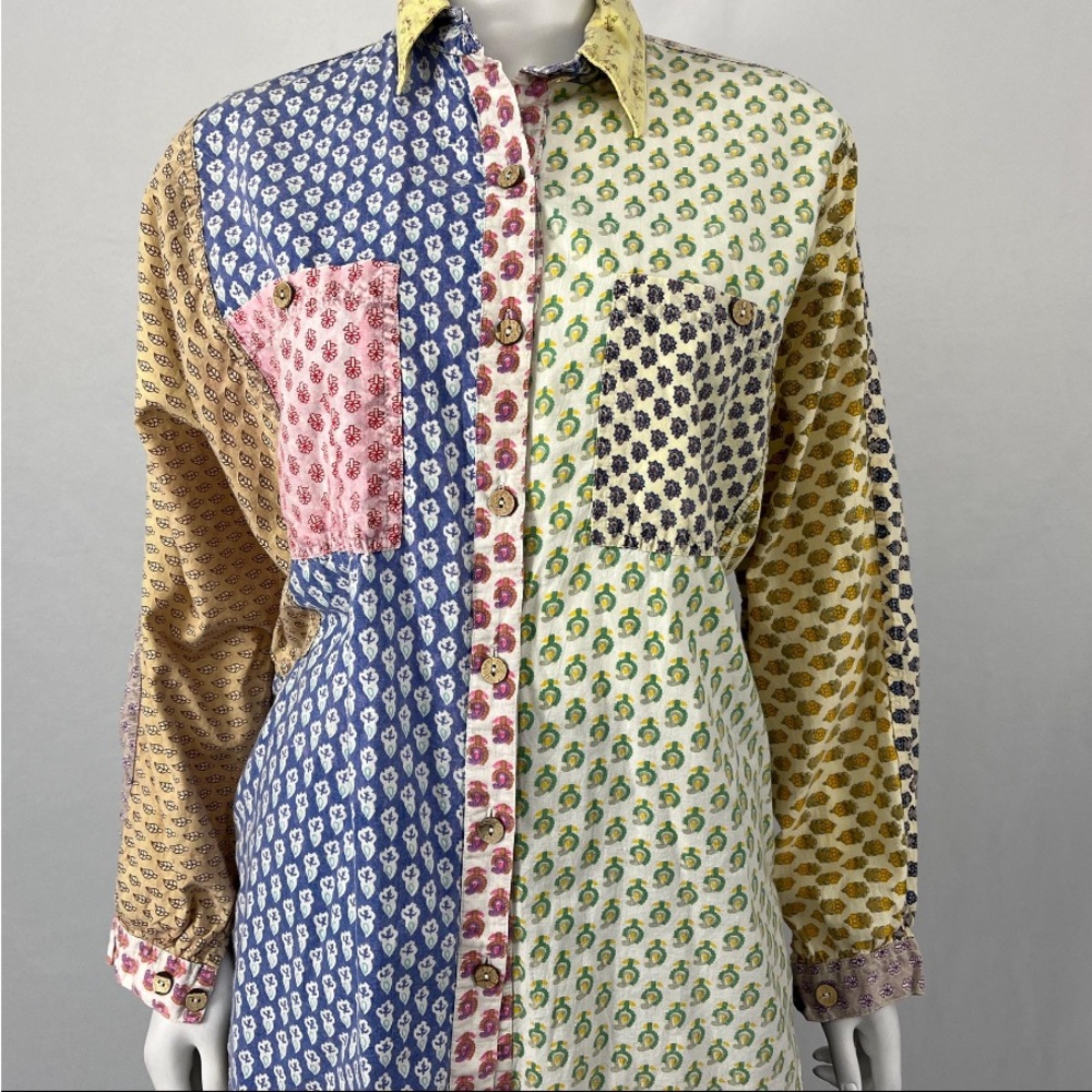 Sacred Threads Colorful Patchwork Button Down Shi… - image 1